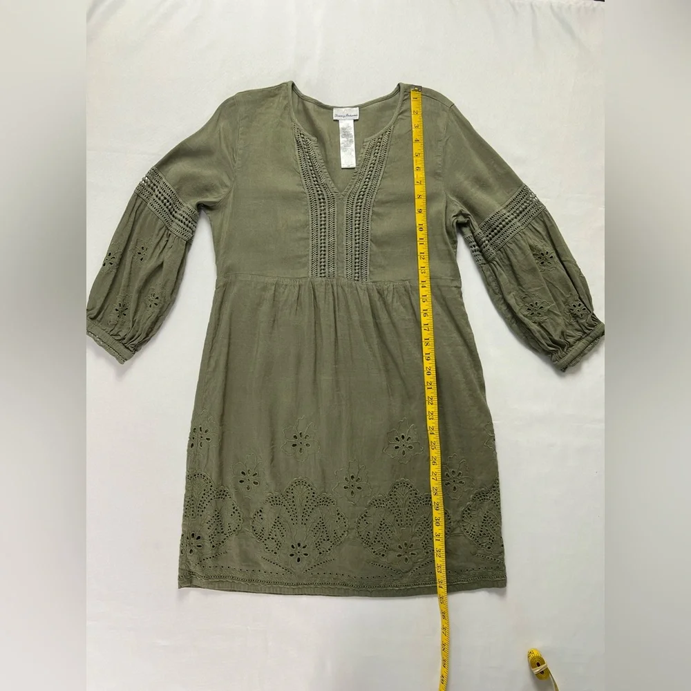 Tommy Bahama Olive Green Linen Viscose Eyelet Boho Peasant Dress - Picture 9 of 14